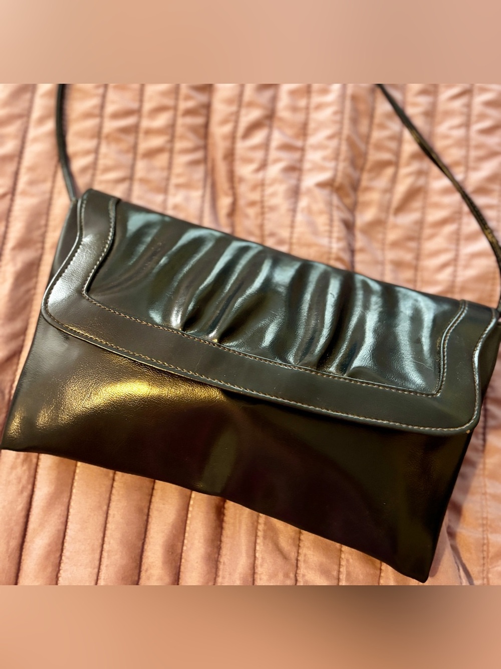 Vintage Style Navy Blue Ruched Shoulder Bag Built-In Mirror